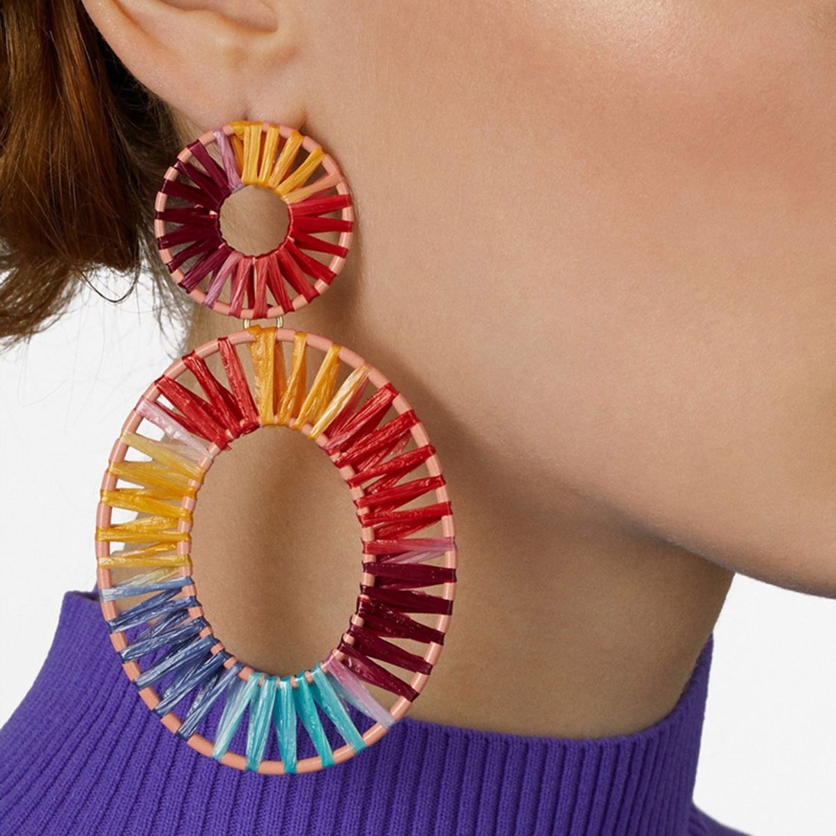 Rainbow Color Raffia Woven Earrings